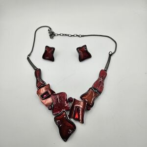 Elegant Red and Gunmetal Statement Necklace and Post Earrings Modern Abstract